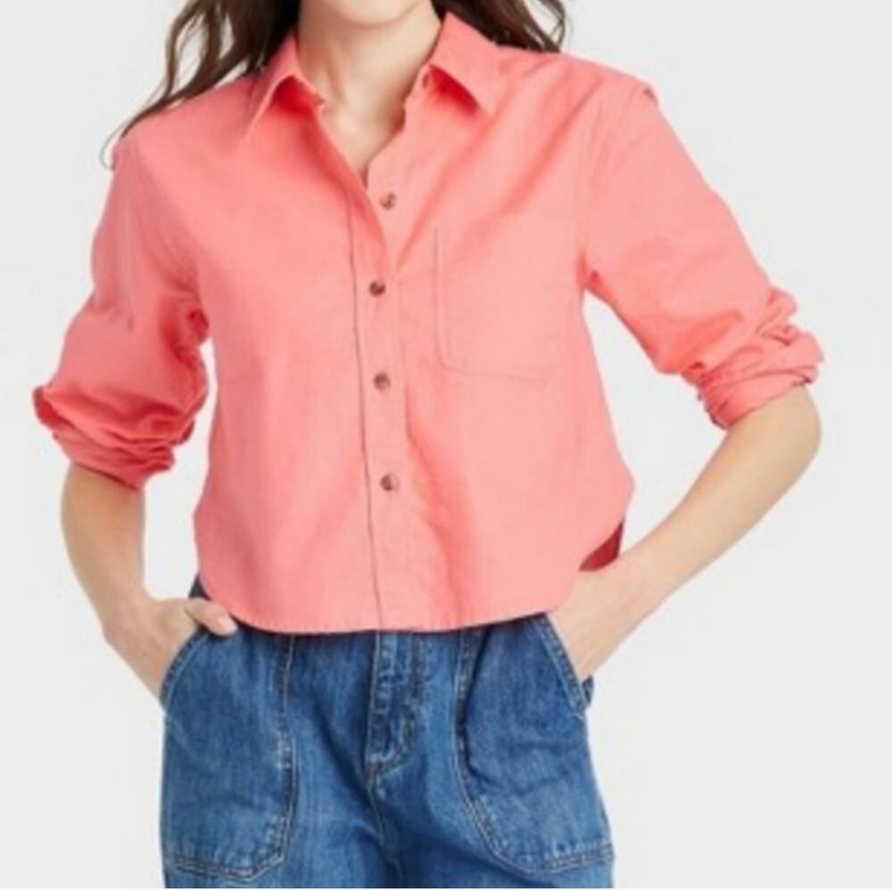 Universal Thread Long Sleeve Cropped Button Down Shirt Coral - Size 1X